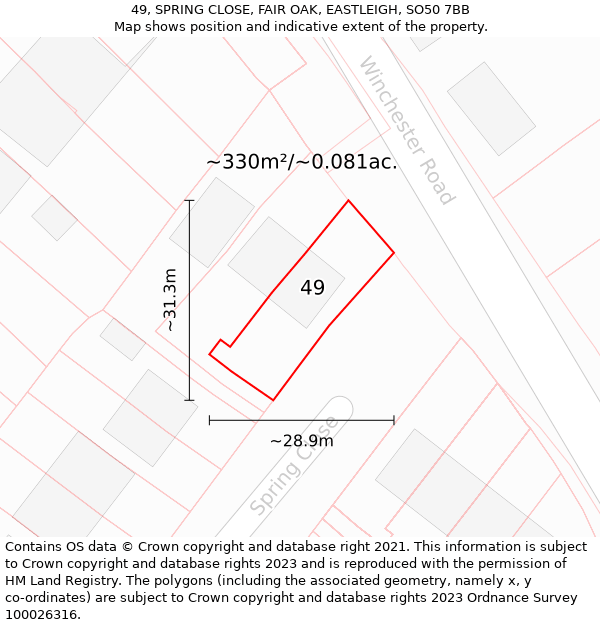 49, SPRING CLOSE, FAIR OAK, EASTLEIGH, SO50 7BB: Plot and title map