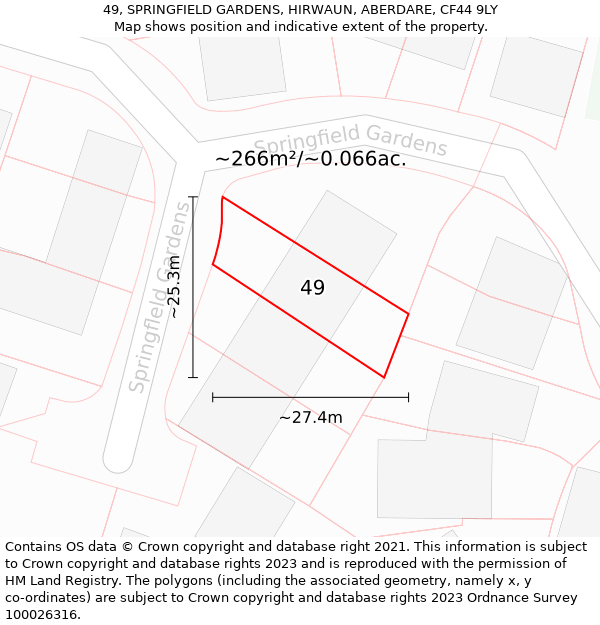 49, SPRINGFIELD GARDENS, HIRWAUN, ABERDARE, CF44 9LY: Plot and title map