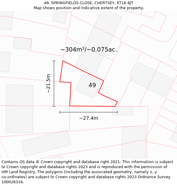 49, SPRINGFIELDS CLOSE, CHERTSEY, KT16 8JT: Plot and title map