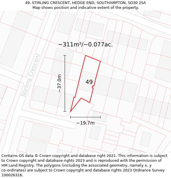 49, STIRLING CRESCENT, HEDGE END, SOUTHAMPTON, SO30 2SA: Plot and title map