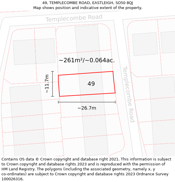 49, TEMPLECOMBE ROAD, EASTLEIGH, SO50 8QJ: Plot and title map