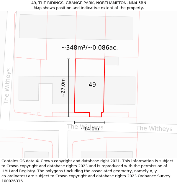 49, THE RIDINGS, GRANGE PARK, NORTHAMPTON, NN4 5BN: Plot and title map