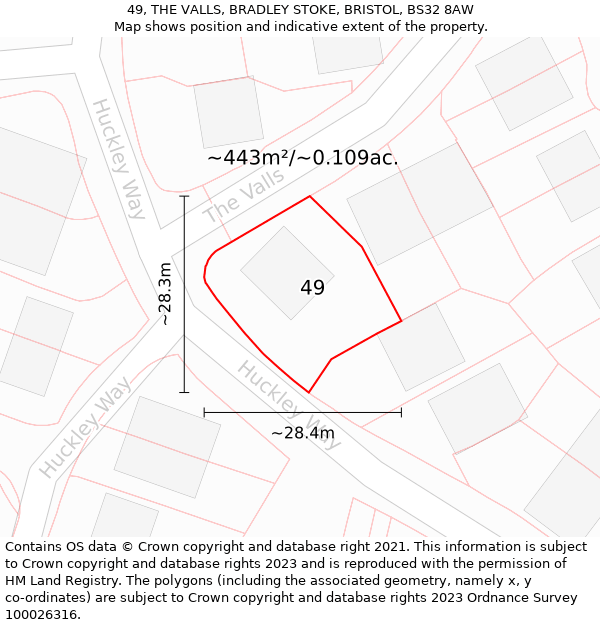 49, THE VALLS, BRADLEY STOKE, BRISTOL, BS32 8AW: Plot and title map