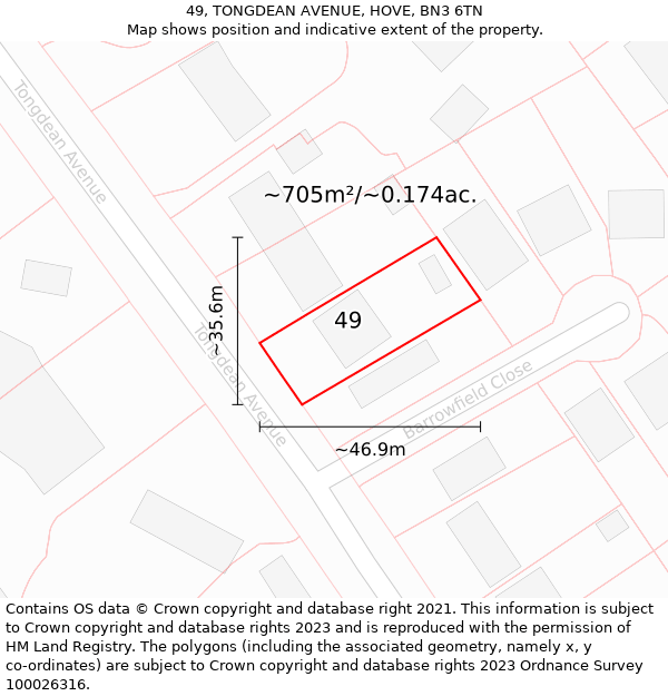 49, TONGDEAN AVENUE, HOVE, BN3 6TN: Plot and title map