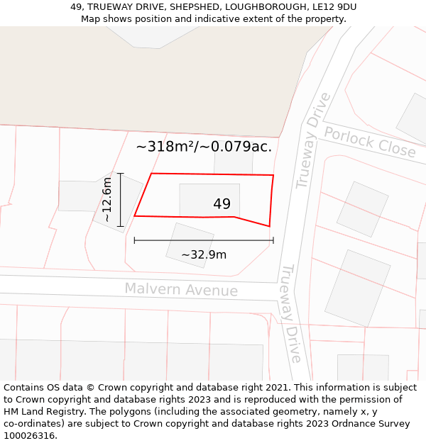 49, TRUEWAY DRIVE, SHEPSHED, LOUGHBOROUGH, LE12 9DU: Plot and title map