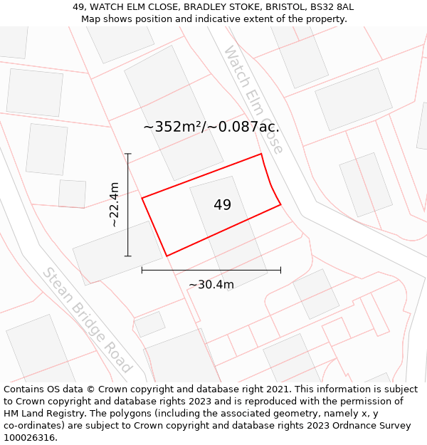 49, WATCH ELM CLOSE, BRADLEY STOKE, BRISTOL, BS32 8AL: Plot and title map