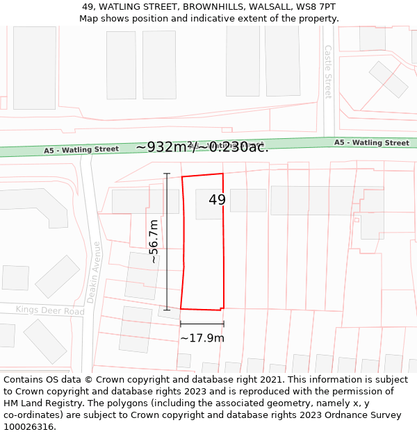 49, WATLING STREET, BROWNHILLS, WALSALL, WS8 7PT: Plot and title map