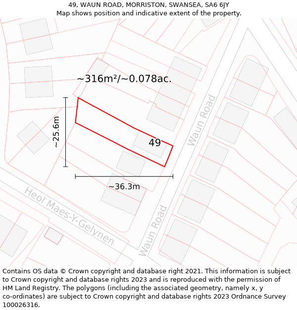 49, WAUN ROAD, MORRISTON, SWANSEA, SA6 6JY: Plot and title map