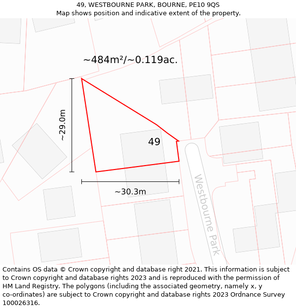 49, WESTBOURNE PARK, BOURNE, PE10 9QS: Plot and title map