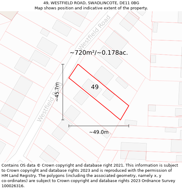 49, WESTFIELD ROAD, SWADLINCOTE, DE11 0BG: Plot and title map