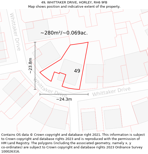 49, WHITTAKER DRIVE, HORLEY, RH6 9FB: Plot and title map