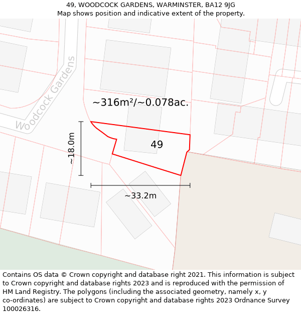 49, WOODCOCK GARDENS, WARMINSTER, BA12 9JG: Plot and title map