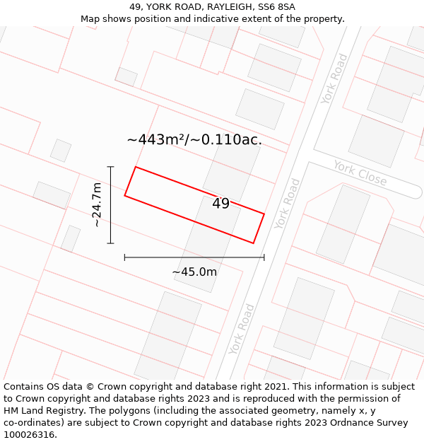 49, YORK ROAD, RAYLEIGH, SS6 8SA: Plot and title map