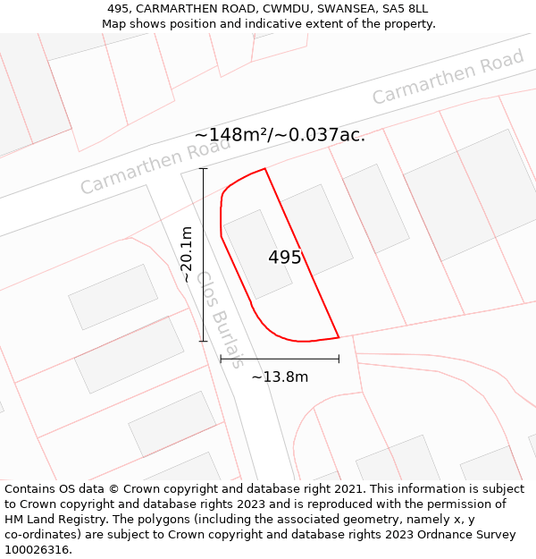 495, CARMARTHEN ROAD, CWMDU, SWANSEA, SA5 8LL: Plot and title map