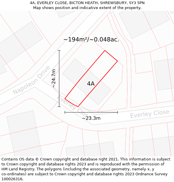 4A, EVERLEY CLOSE, BICTON HEATH, SHREWSBURY, SY3 5PN: Plot and title map