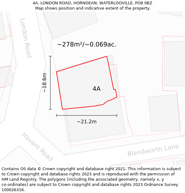 4A, LONDON ROAD, HORNDEAN, WATERLOOVILLE, PO8 0BZ: Plot and title map