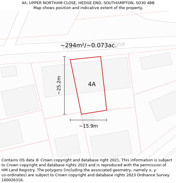 4A, UPPER NORTHAM CLOSE, HEDGE END, SOUTHAMPTON, SO30 4BB: Plot and title map