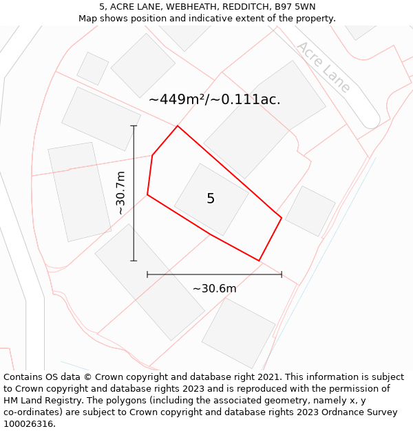 5, ACRE LANE, WEBHEATH, REDDITCH, B97 5WN: Plot and title map