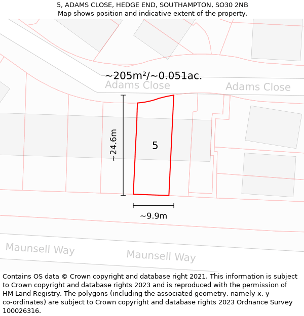 5, ADAMS CLOSE, HEDGE END, SOUTHAMPTON, SO30 2NB: Plot and title map