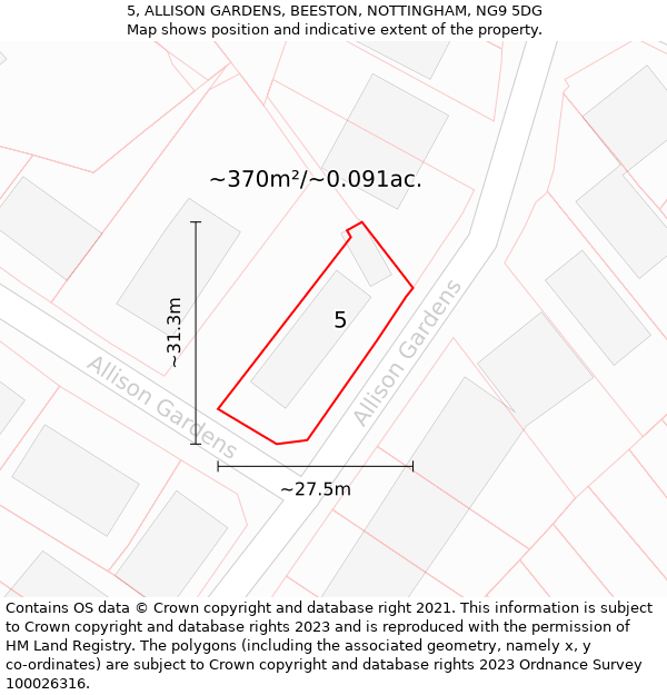 5, ALLISON GARDENS, BEESTON, NOTTINGHAM, NG9 5DG: Plot and title map