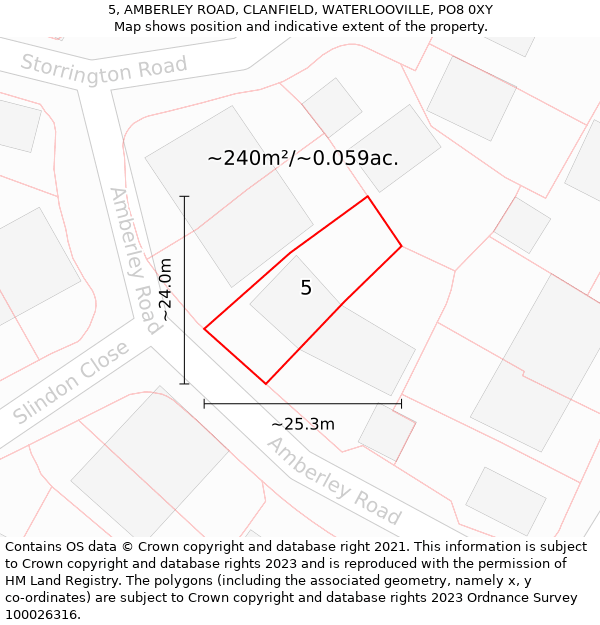 5, AMBERLEY ROAD, CLANFIELD, WATERLOOVILLE, PO8 0XY: Plot and title map