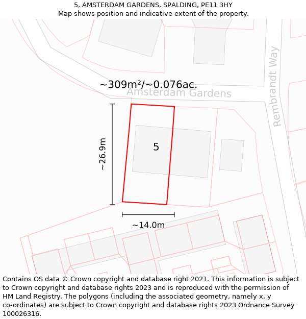 5, AMSTERDAM GARDENS, SPALDING, PE11 3HY: Plot and title map