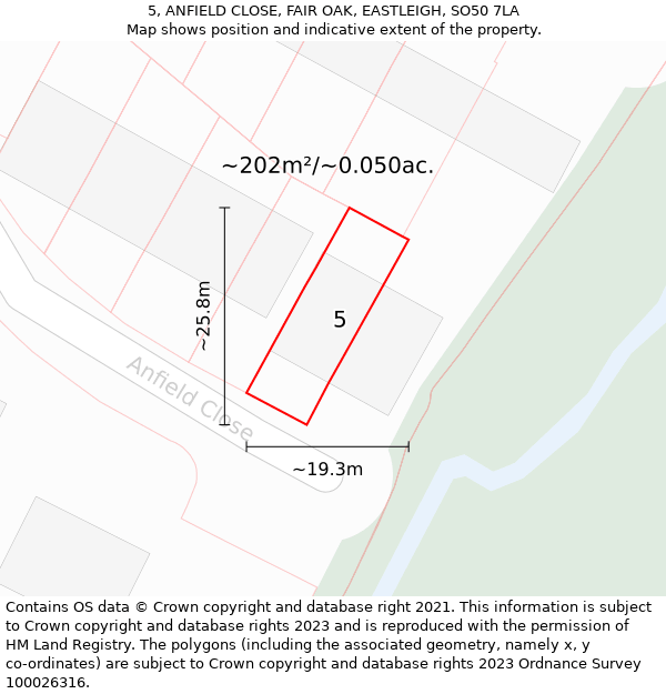 5, ANFIELD CLOSE, FAIR OAK, EASTLEIGH, SO50 7LA: Plot and title map