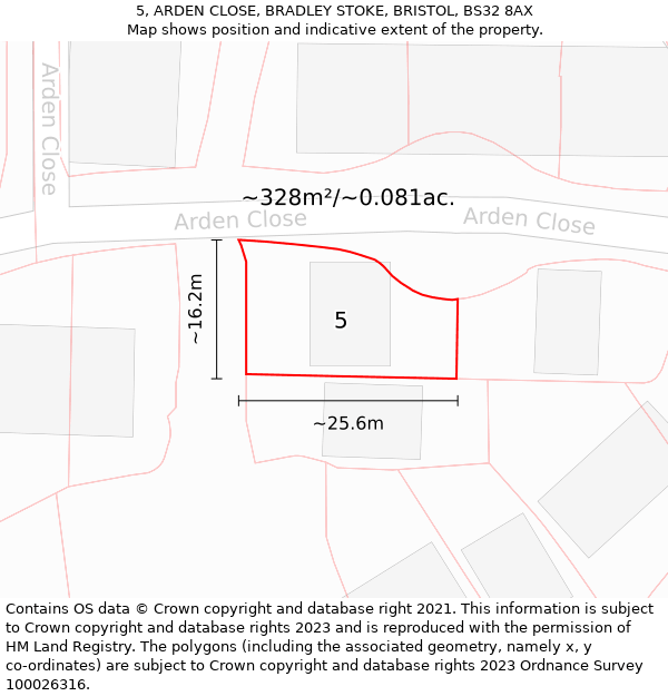 5, ARDEN CLOSE, BRADLEY STOKE, BRISTOL, BS32 8AX: Plot and title map