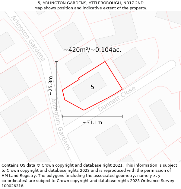 5, ARLINGTON GARDENS, ATTLEBOROUGH, NR17 2ND: Plot and title map