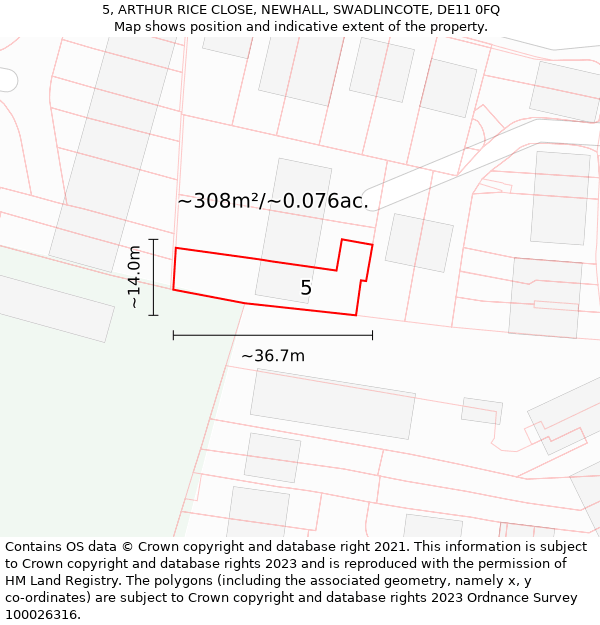 5, ARTHUR RICE CLOSE, NEWHALL, SWADLINCOTE, DE11 0FQ: Plot and title map