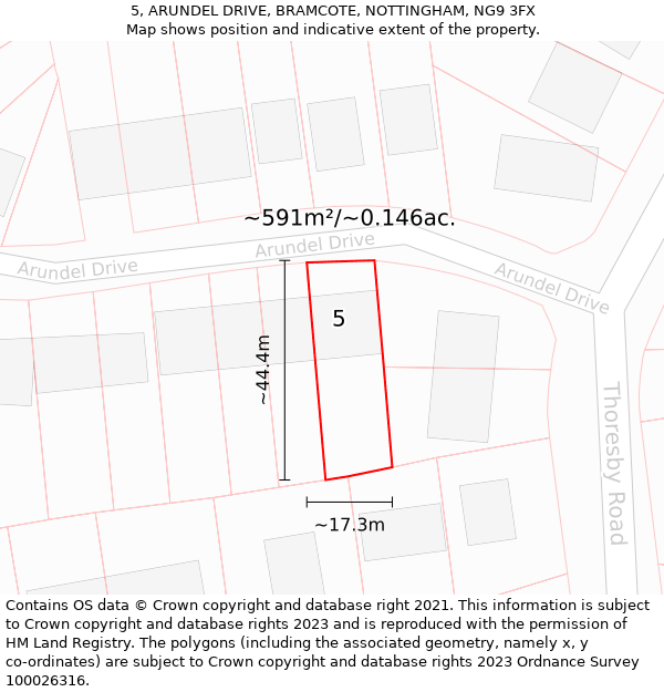 5, ARUNDEL DRIVE, BRAMCOTE, NOTTINGHAM, NG9 3FX: Plot and title map