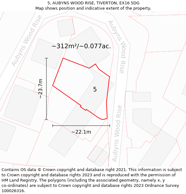 5, AUBYNS WOOD RISE, TIVERTON, EX16 5DG: Plot and title map