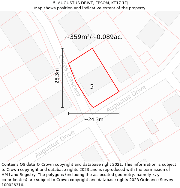 5, AUGUSTUS DRIVE, EPSOM, KT17 1FJ: Plot and title map