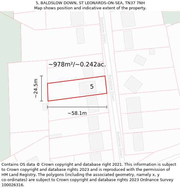 5, BALDSLOW DOWN, ST LEONARDS-ON-SEA, TN37 7NH: Plot and title map