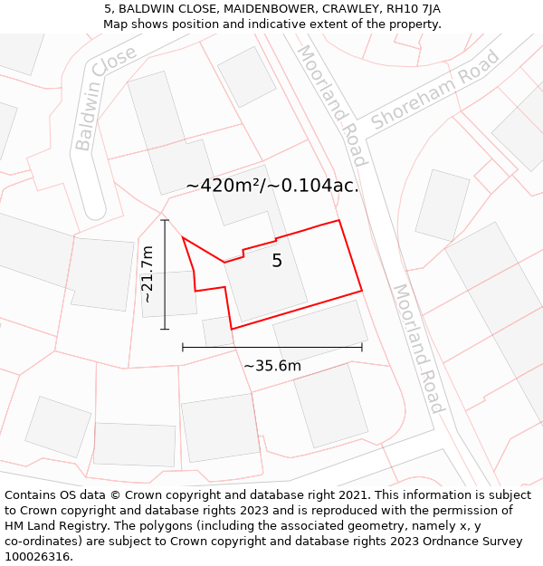 5, BALDWIN CLOSE, MAIDENBOWER, CRAWLEY, RH10 7JA: Plot and title map