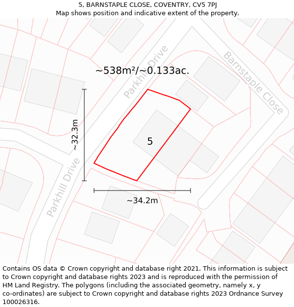 5, BARNSTAPLE CLOSE, COVENTRY, CV5 7PJ: Plot and title map