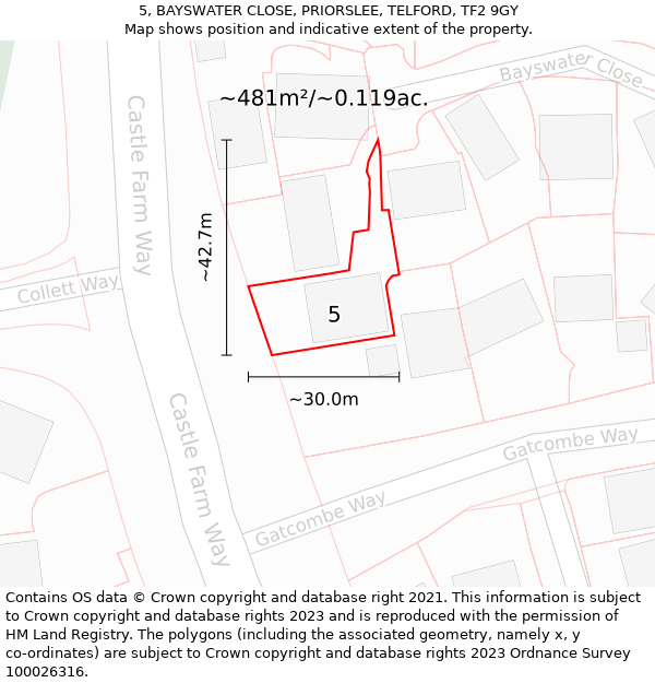 5, BAYSWATER CLOSE, PRIORSLEE, TELFORD, TF2 9GY: Plot and title map