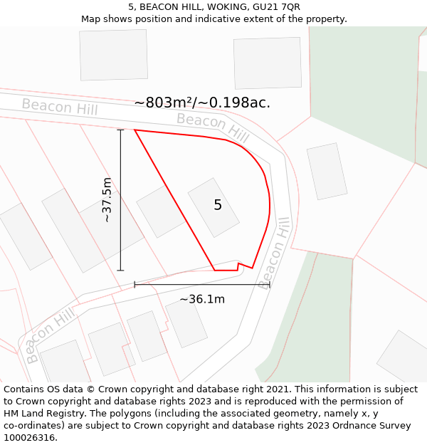 5, BEACON HILL, WOKING, GU21 7QR: Plot and title map