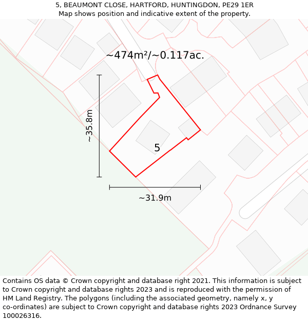 5, BEAUMONT CLOSE, HARTFORD, HUNTINGDON, PE29 1ER: Plot and title map