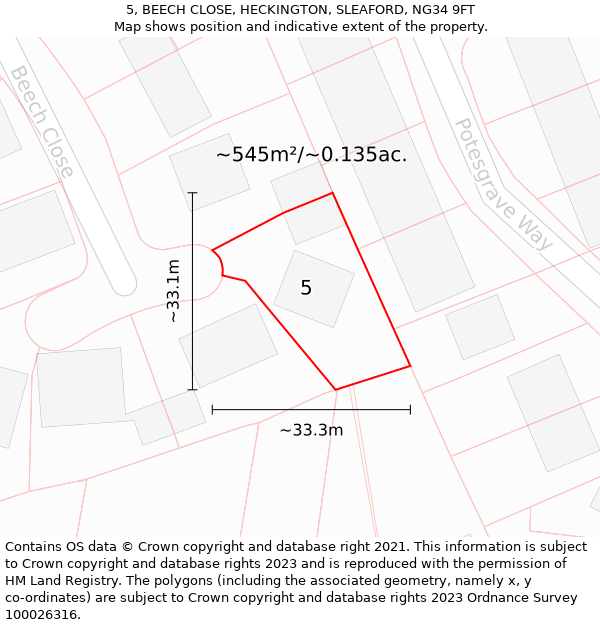 5, BEECH CLOSE, HECKINGTON, SLEAFORD, NG34 9FT: Plot and title map