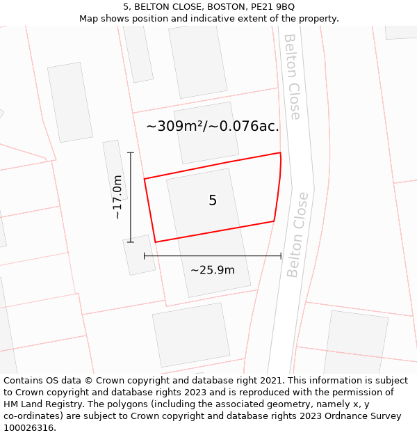 5, BELTON CLOSE, BOSTON, PE21 9BQ: Plot and title map