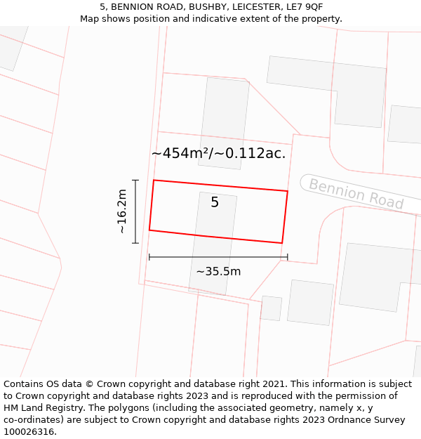 5, BENNION ROAD, BUSHBY, LEICESTER, LE7 9QF: Plot and title map