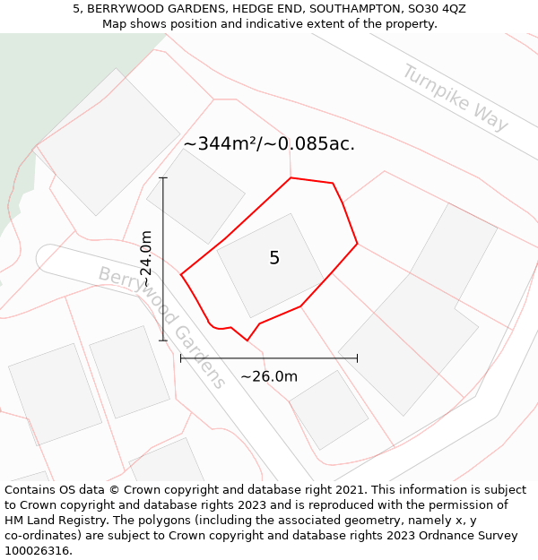 5, BERRYWOOD GARDENS, HEDGE END, SOUTHAMPTON, SO30 4QZ: Plot and title map