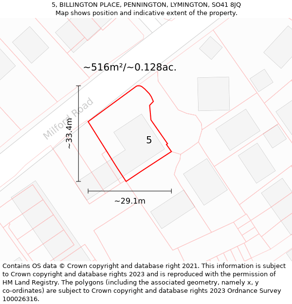 5, BILLINGTON PLACE, PENNINGTON, LYMINGTON, SO41 8JQ: Plot and title map