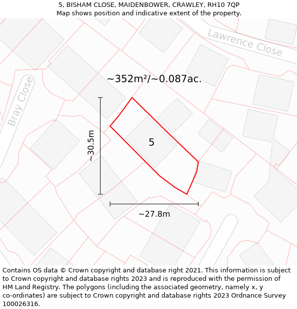5, BISHAM CLOSE, MAIDENBOWER, CRAWLEY, RH10 7QP: Plot and title map