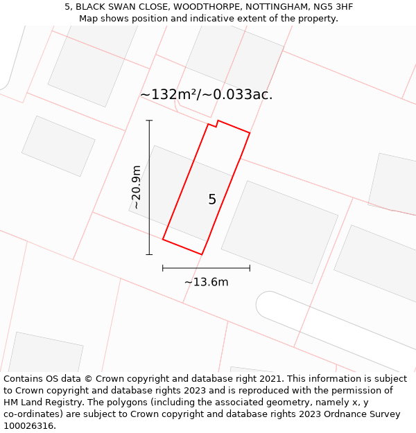 5, BLACK SWAN CLOSE, WOODTHORPE, NOTTINGHAM, NG5 3HF: Plot and title map