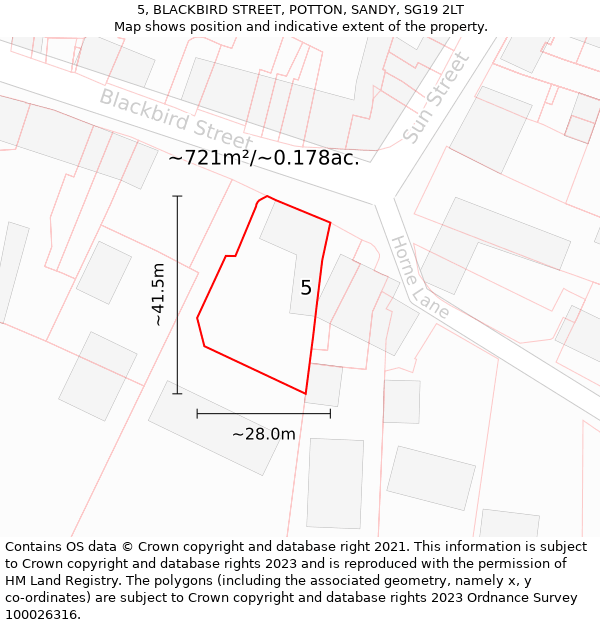 5, BLACKBIRD STREET, POTTON, SANDY, SG19 2LT: Plot and title map