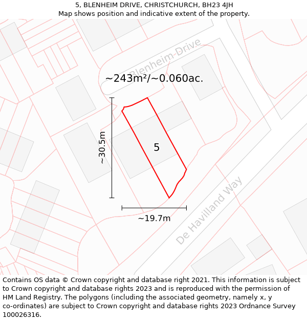 5, BLENHEIM DRIVE, CHRISTCHURCH, BH23 4JH: Plot and title map