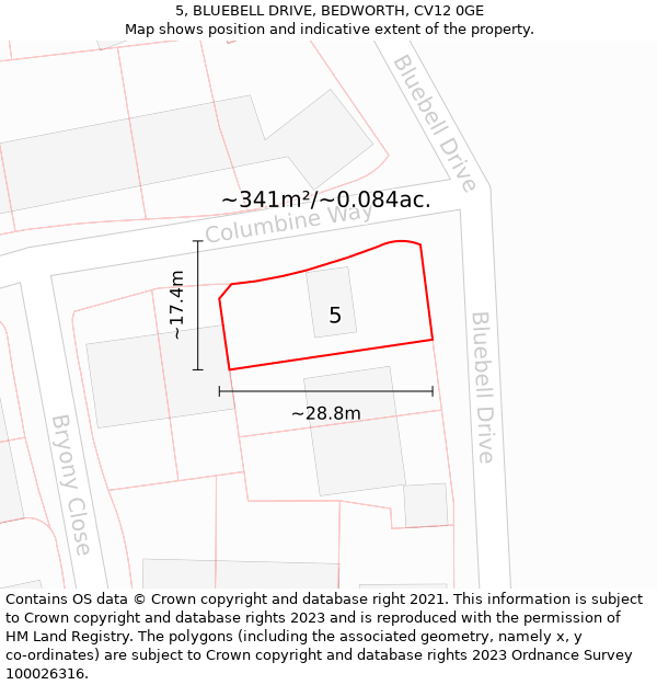 5, BLUEBELL DRIVE, BEDWORTH, CV12 0GE: Plot and title map