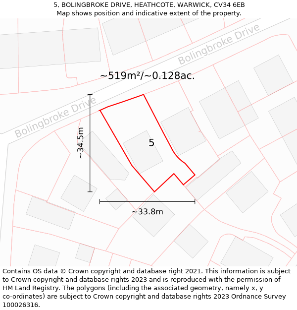 5, BOLINGBROKE DRIVE, HEATHCOTE, WARWICK, CV34 6EB: Plot and title map